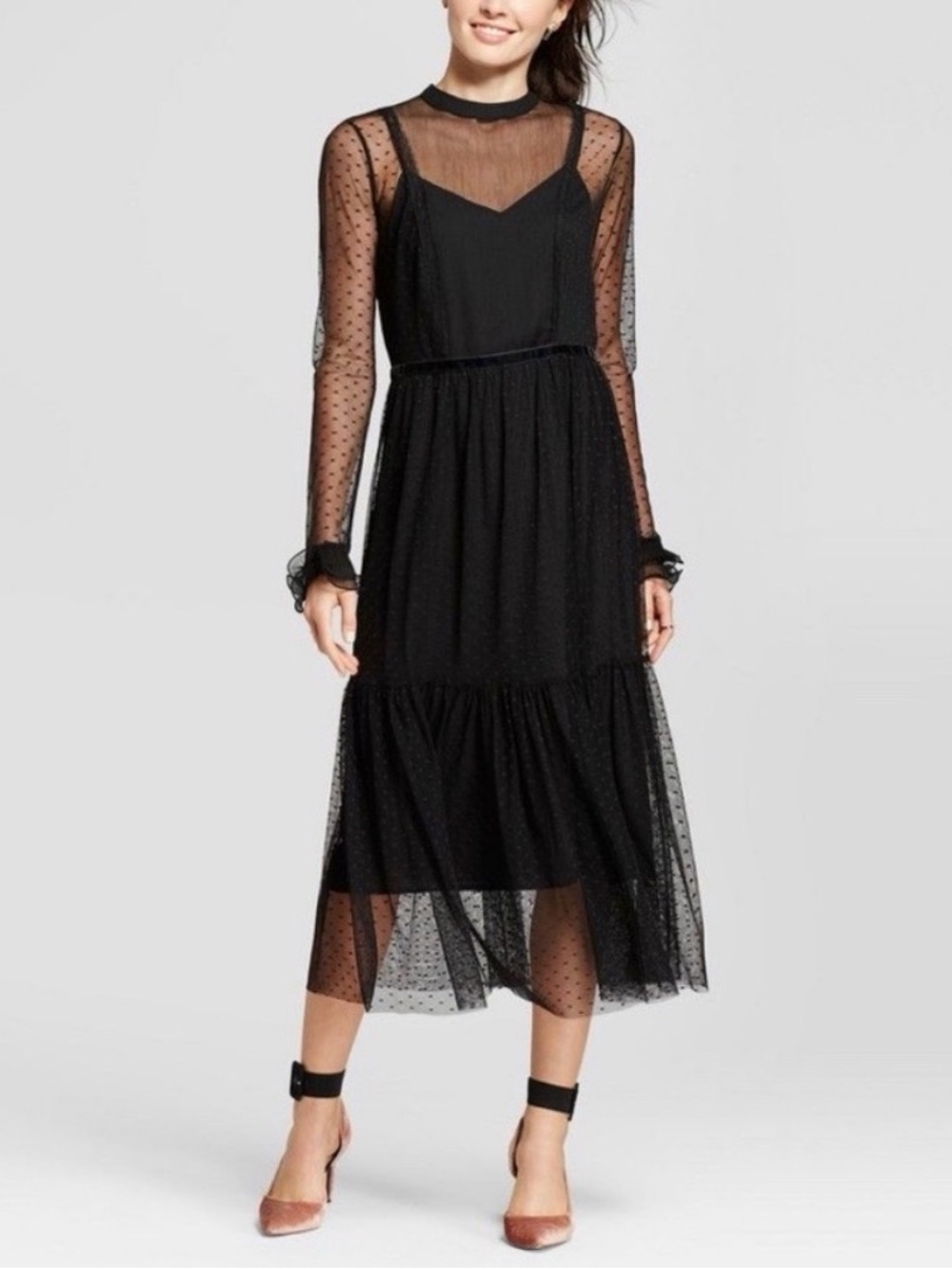 Who What Wear Black Polka Dot Mesh Midi Dress